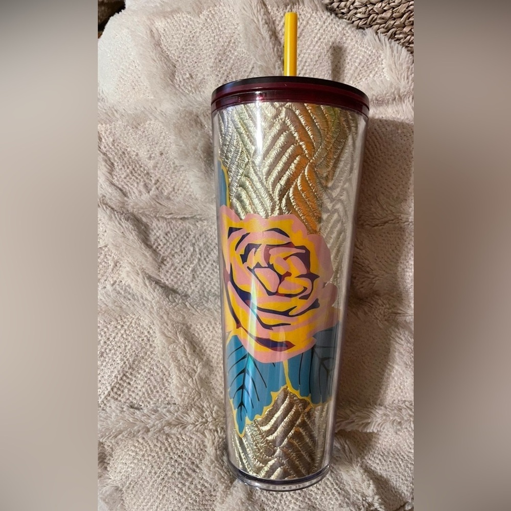 Starbucks Gold Quilted Foil Rose 24 oz Tumbler Cold Cup